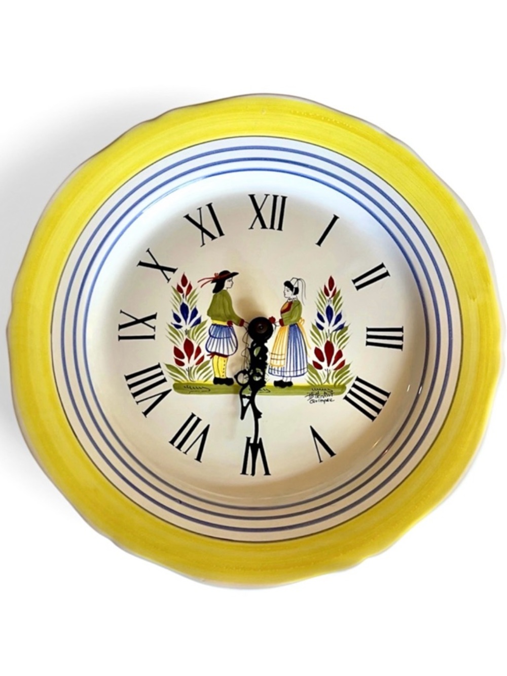 HENRIOT QUIMPER  Handpainted Signed Pottery Wall Clock Made in France -working